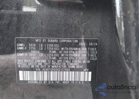 2025 Subaru Outback Touring Xt from USA, damaged, VIN 4S4BTGPD0S3127930